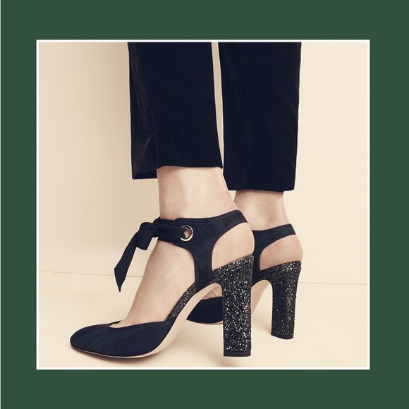 J CREW | Avery Black Watch Tartan Plaid Ankle-Tie Glitter Heels - Picture 13 of 14